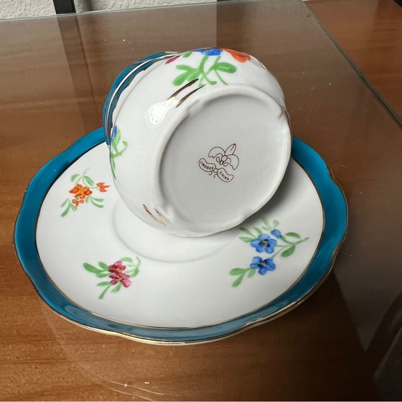 Limoges China White Floral Teacup & Saucer Gold Scroll England Blue Border Vtg - Picture 7 of 14